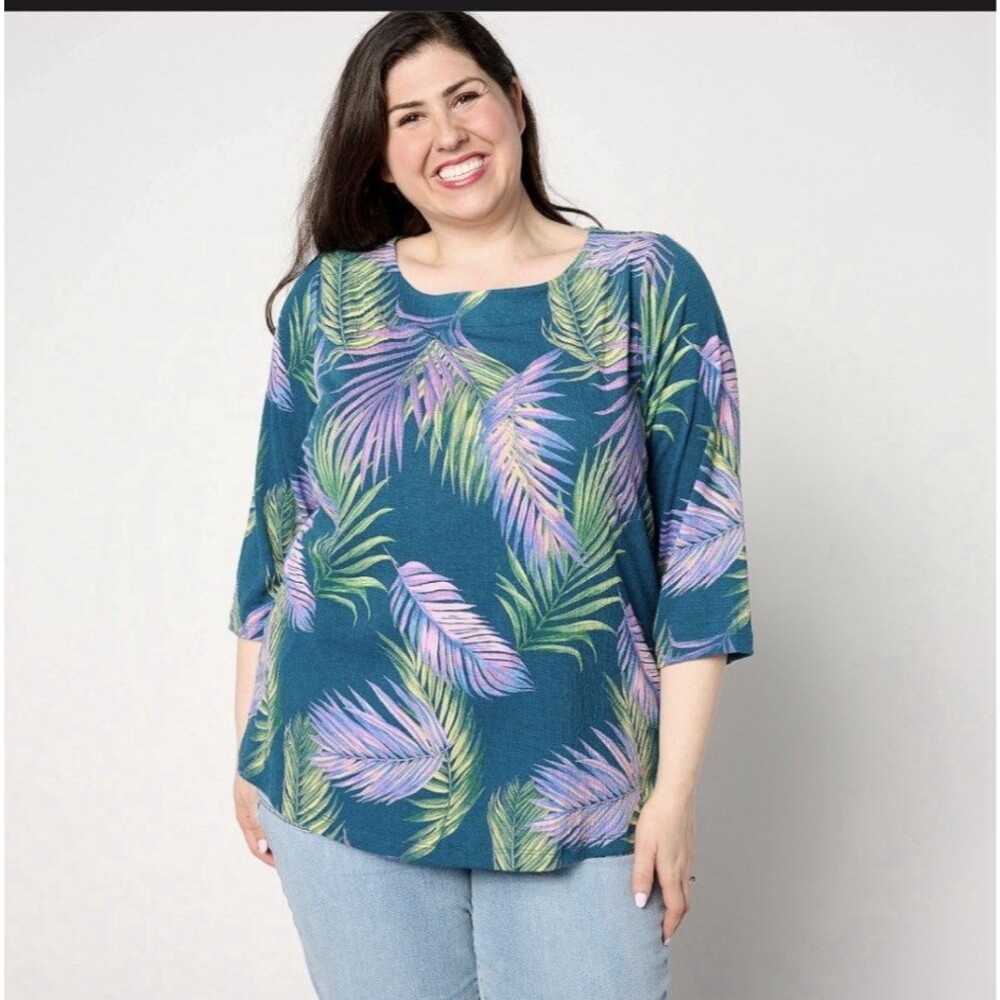 Denim & Co. Beach Printed Knit Gauze Boat Neck Top Peacock Size XS
